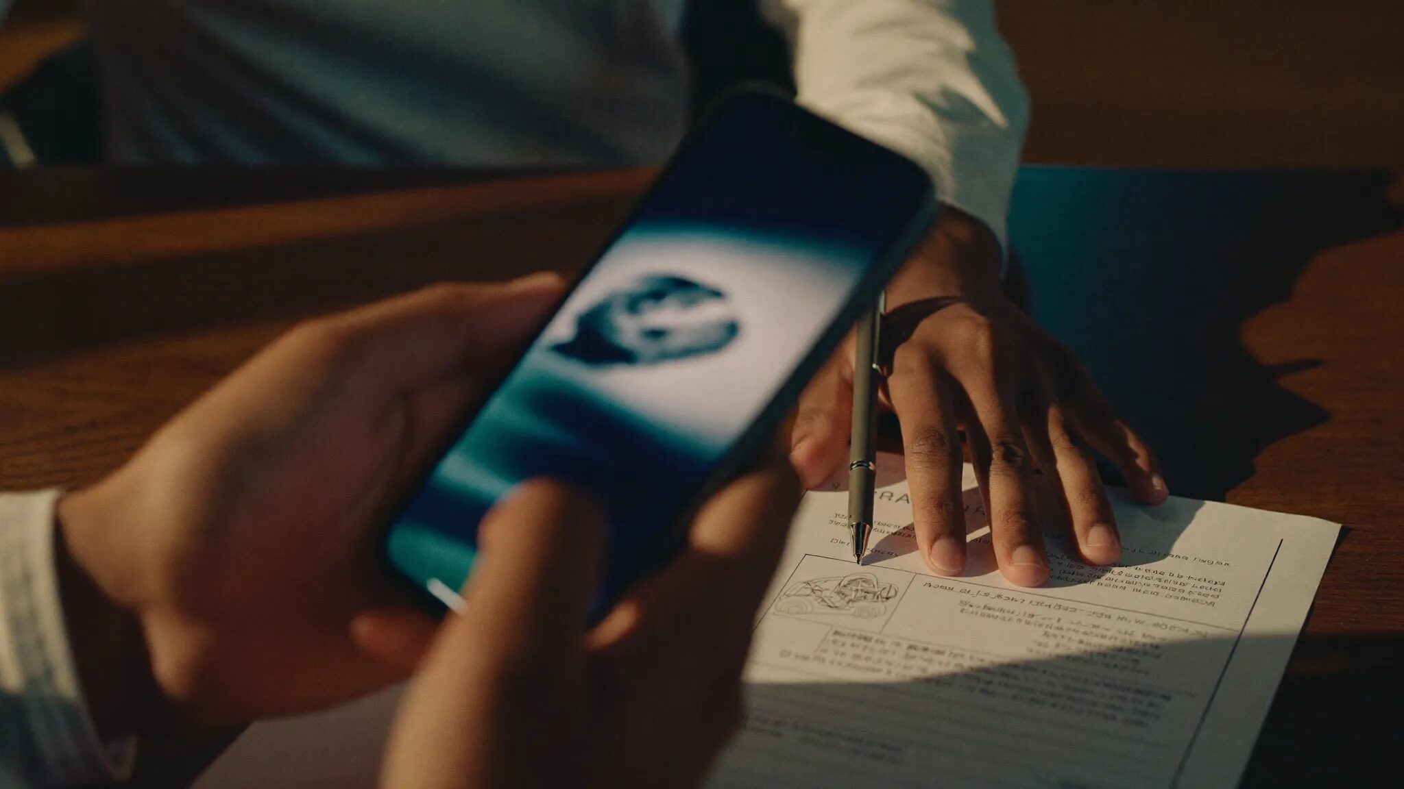 A buyer's hands holding a phone over a printed deal worksheet in warm evening light